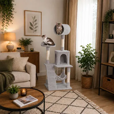 Produktbild von belviona Katzenkratzbaum, Kletterbaum für Katzen mit Höhle, Hängematte, Treppe & Liegeplattform, 133 cm, hellgrau