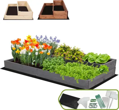 Produktbild von MODO24 Hochbeet Holz, Pflanzkasten, Massivholz, Kiefer, Kräuterbeet, Blumenkasten, Garten, Terrasse, 18x117x63 cm, Grau, ZP07