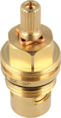 A close-up studio shot of a brass plumbing valve cartridge.