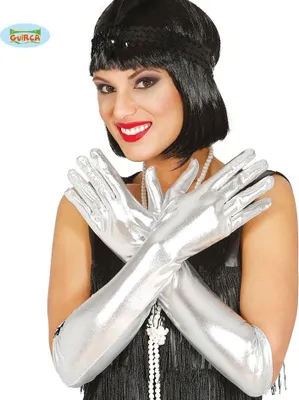 Produktbild von silberne lange Deluxe Handschuhe glänzend  44cm