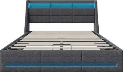 Produktbild von Fortuna Lai Polsterbett 140x200cm mit USB, Jugendbett Doppelbett mit Lattenrost und Stauraum, Stauraumbett mit LED, Leinen, Grau
