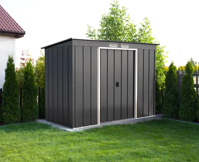 Produktbild von Duramax Metall Gartenhaus 263x113 Geräteschuppen Garten Gerätehaus Schiebetür, H. 181 x B. 263 x T. 113 cm, Metall