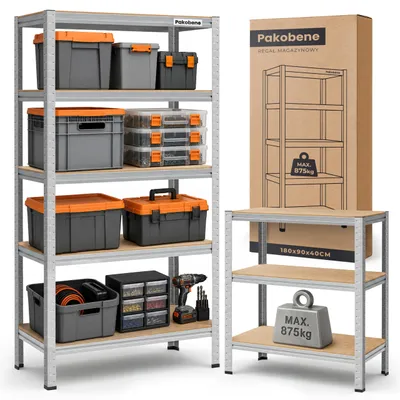 Zdjęcie produktu dla Pakobene | Regał metalowy magazynowy 180 × 90 × 40 cm – 5 półek MDF – udźwig 875 kg – ocynkowany
