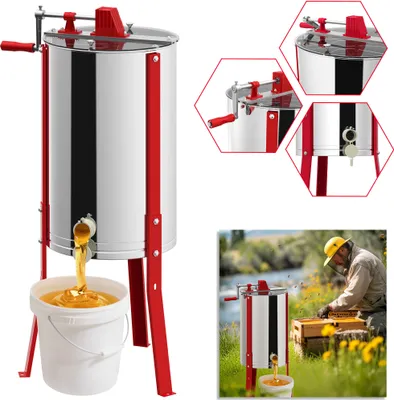A collage of images showing a honey extractor, its parts, and a beekeeper using it in a field.