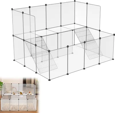 A 3D rendering of a modular pet enclosure with ramps.