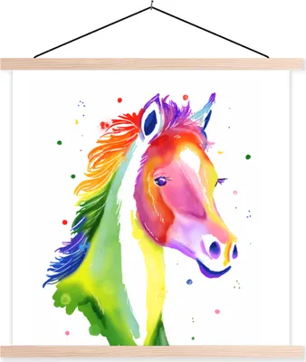 Produktbild von MuchoWow® Textilposter Pferd - Farben - Punkte - Mädchen - Kinder - Mädchen 40x40 cm mit holzfarbenen Rahmen - Posterleiste