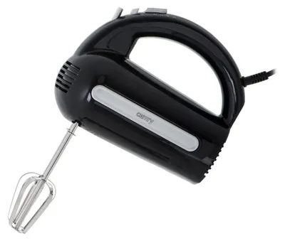 A black electric hand mixer is shown against a white background.