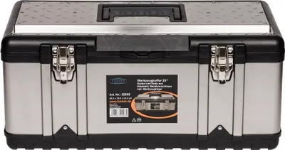 A silver and black toolbox is shown against a white background.