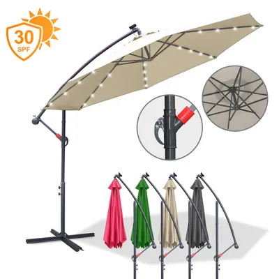 Produktbild von karpal 3m-3.5m Sonnenschirm mit LED Solar Neigbar Ampelschirm Balkonschirm Marktschirm UV40+ Gartenschirm,Beige,3m