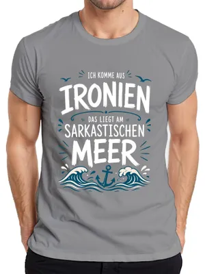 Immagine prodotto di T-shirt da uomo, colore grigio, con scritta "Vengo dal mare dell'ironia e del sarcasmo", taglia S