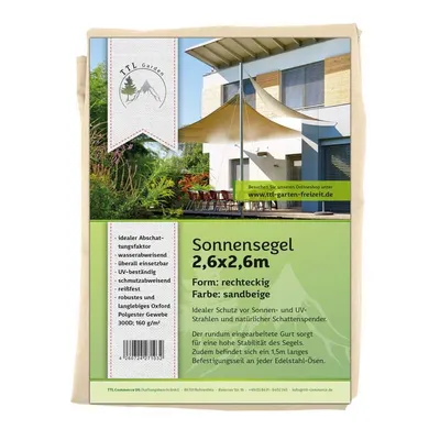 Produktbild von TTL GARDEN Sonnensegel 2,6x2,6m Quadrat beige 300D UV Schutz Garten