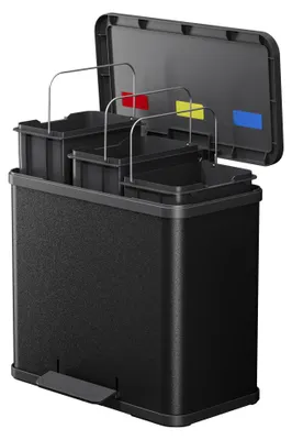 Produktbild von Hailo Öko trio Plus L Tret-Mülltrenner - freistehender 3 x 9 Liter Dreifachmülleimer aus Stahlblech - Mülltrennsystem mit soft close Deckel - 3-fach Abfalltrenner für die Küche - Schwarz
