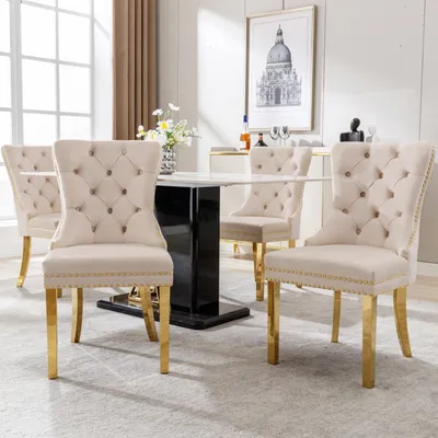 Immagine prodotto di Sedia da pranzo Okwish, set di 4 pezzi, con maniglie circolari uniche sul retro, in velluto, color beige/oro (4 pezzi)