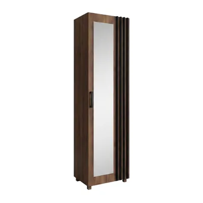 Produktbild von Garderobenschrank LIVIA Warmia Walnuss – Flur-Hochschrank mit Spiegel, schwarzen Lamellen, Universell links/rechts montierbar