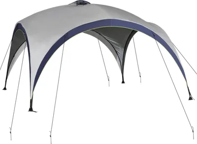 A gray and blue outdoor gazebo or tent structure with multiple support poles and guy lines, set against a plain white background.