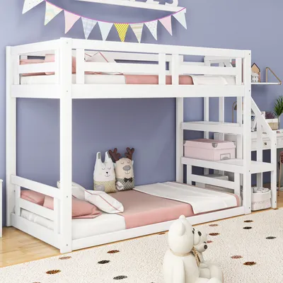 Obrázek produktu pro MODFU Patrová postel Nízká Dětská postel 90x200 cm s bezpečnostním žebříkem, Patrová postel s ochranou proti pádu, Masivní dřevěná postel, Patrová postel s laťkovým roštem, Rám postele pro mládež, Bílá