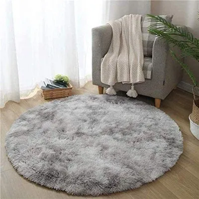 Productafbeelding van Rond antislip vloerkleed, grijs-wit, shaggy, zacht, geschikt voor slaapkamer, woonkamer of hal | 140 cm