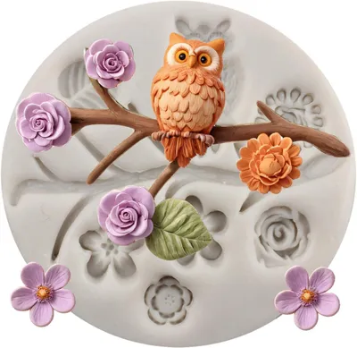 Produktbild von Silikonform mit Baumzweigen und Eulen, kleine Blumenformen für Fondant | Kuchendekoration für Schokolade, Törtchen, Süßigkeiten, Polymer-Ton und Blütenpaste