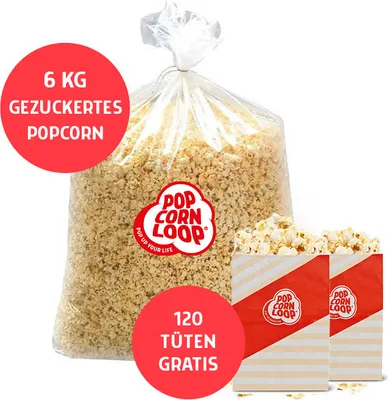 Produktbild von Popcornloop® Kino Popcorn Sack Süß ca.150 Liter 6 kg inklusive 105 Popcorntüten
