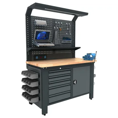 Produktbild von Industrie Werkbank mit Licht Strom 140x73x201cm BG Schubladen Schrank Werkstatt