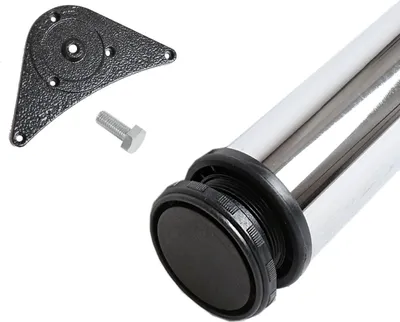 A close-up view of a furniture leg with mounting hardware.