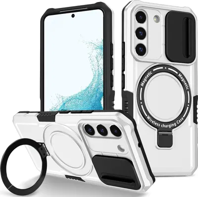 Produktbild von Handyhülle für Samsung Galaxy S22 5G Kompatibel mit MagSafe, Robuste Hülle mit Schiebe Kamera Schutz, Magnetischer Ringständer Weiß