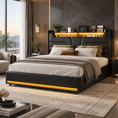 Obrázok produktu pre INONEFT čalúnená posteľ 140x190 cm s LED osvetlením, s hydraulickým úložným priestorom, dvojposteľ pre mládež s úložným priestorom a USB nabíjacou funkciou, čierna (PU), Obrázok generovaný UI