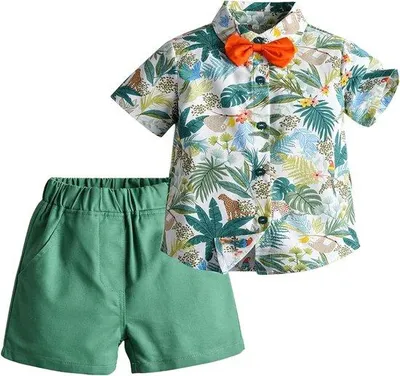 Image de Tenue de plage pour garçon - Vert - Motifs floraux tropicaux - Été - Taille 2-3 ans
