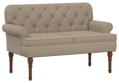 Immagine prodotto di Divano a due posti, rivestito in tessuto cappuccino, con cuciture a bottone. Dimensioni: 120 x 65 x 77 cm