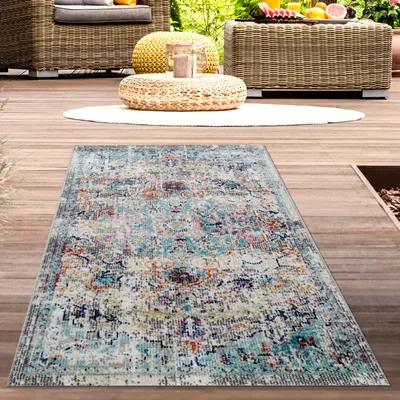 Produktbild von Teppich Outdoor Orientteppich Ornamente Wohnzimmerteppich Vintage in grau blau Größe - 80 x 150 cm