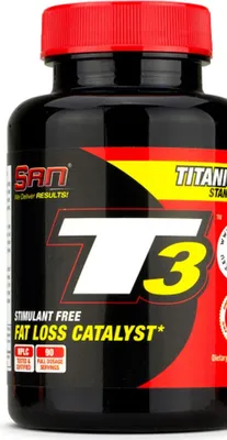 A close-up of a black bottle of SAN T3 Fat Loss Catalyst supplement.