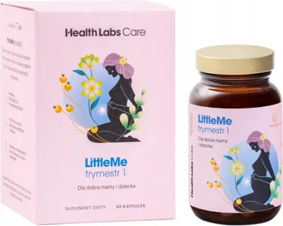 A pink box and a bottle of Health Labs Care LittleMe Trimester 1 supplement for pregnant women.