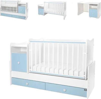 Produktbild von Lorelli Babybett Trend Plus 70x160cm Schreibtisch Kinderbett Schubladen Kommode weiß blau