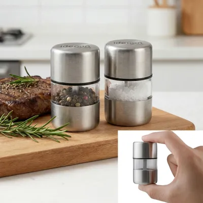 Produktbild von 2er-Set Mini Salz- Pfeffermühle aus Edelstahl mit Keramikmahlwerk - Gewürzmühle für Salz Pfeffer Kräuter - Acrylglas Sichtfenster - Silber