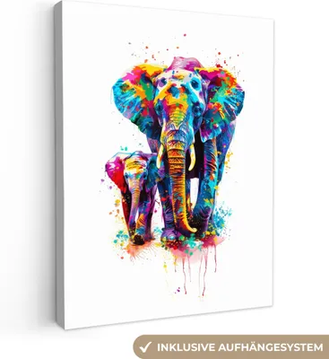 Produktbild von MuchoWow® - Leinwandbilder - Elefanten - Tiere - Farbe - Farbenfroh, Wandbild, Wanddeko Bilder Wohnzimmer, 60x80 cm