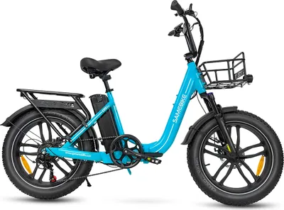 A blue electric bicycle with a front basket and rear rack, shown against a white background.