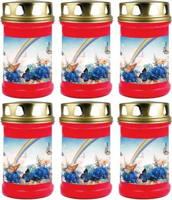 Produktbild von Grabkerze Rot 6er Pack, Brenndauer: 48 Stunden ( je Kerze ), Motiv: Regenbogen