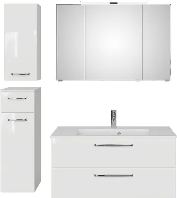 Produktbild von Badmöbel Set mit LED Aufbauleuchte und MineralmarmorbeckenTRENTO-66 in weiß Glanz, B/H/T: ca. 152/200/50 cm