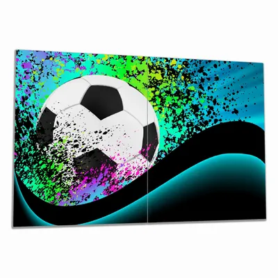 Produktbild von Wallario Herdabdeckplatte aus Glas, Größe 80 x 52 cm 2-teilig, Motiv Fußball - Design Wellen und Regenbogen in blau