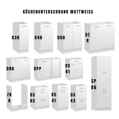 A collection of white kitchen base cabinets with labels indicating their model numbers.