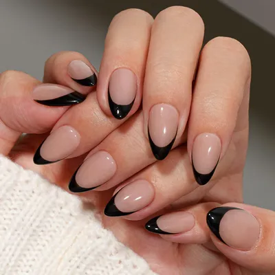Image de Ongles artificiels French Tip, forme amande, couleur noire, lot de 30 pièces avec colle et accessoires