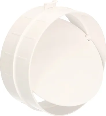 A white plastic ventilation pipe connector with a flap.