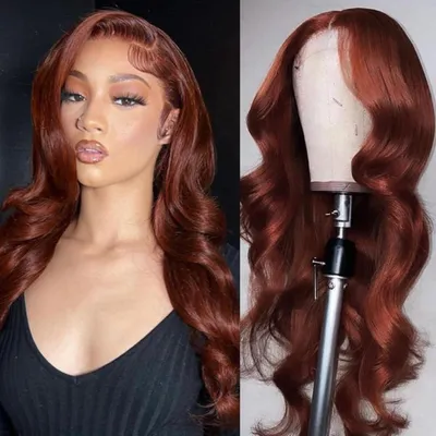 Produktbild von Perücke Body Wave Lace Front Echthaar 70 cm rötlichbraun 180% Dichte kleberlos