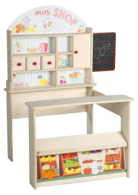 Obrázok produktu pre Predajný stojan "Minishop", drevený, prírodnej farby, s pultom, stolom, posuvnými dverami a možnosťou potlače pre účely reklamy