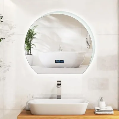 Image de Miroir de salle de bain LED - Miroir cosmétique semi-circulaire - Intensité lumineuse réglable - Fonction mémoire - Affichage de l'heure et de la température - Verre - Argent