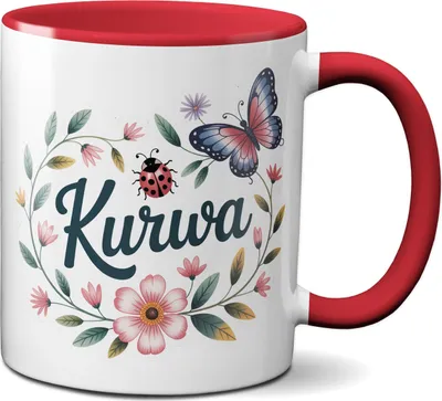 Produktbild von TassenKing Kurwa Tasse – Lustiger Kaffeebecher mit Blumenkranz & Marienkäfer Motiv – Keramik 330 ml – rot – für Damen & Herren