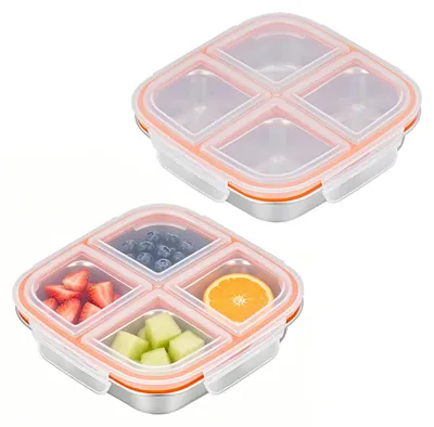 2er-Set Edelstahl-Lunchboxen mit 4 Fächern, 600 ml