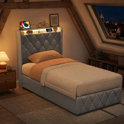 Image de Lit rembourré UnboxG 90x200 cm avec coffre de rangement, lit en velours avec système hydraulique, éclairage LED, ports de charge USB et Type-C, sommier à lattes, couleur gris