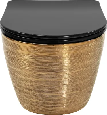 A close-up, front-facing view of a wall-mounted toilet bowl with a black lid and a textured gold exterior.