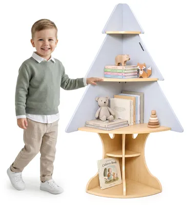 Immagine prodotto di Scaffale angolare a forma di albero per giocattoli, marca Mamabrum, con 3 ripiani, altezza 122 cm, dotato di 4 vani aperti, realizzato in MDF grigio e legno naturale, completo di sistema di fissaggio a parete